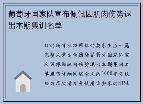 葡萄牙国家队宣布佩佩因肌肉伤势退出本期集训名单