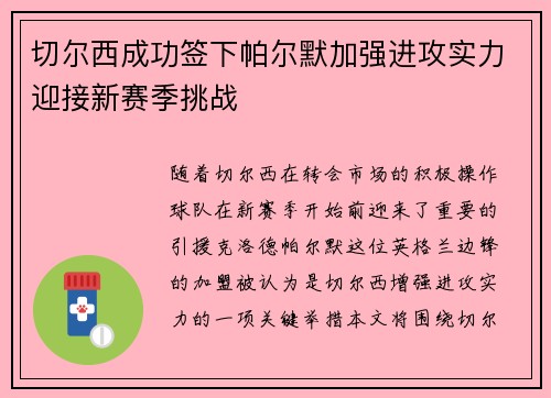 切尔西成功签下帕尔默加强进攻实力迎接新赛季挑战 切尔西成功签下帕尔默加强进攻实力迎接新赛季挑战